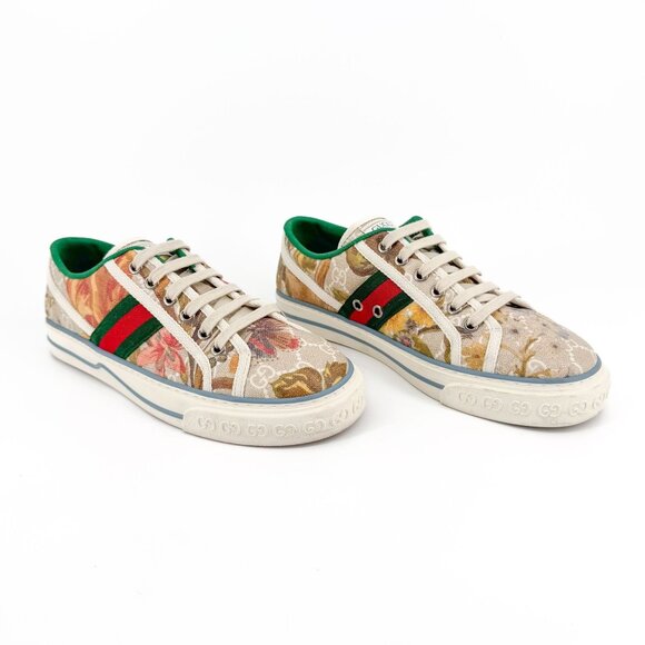 Gucci Tennis 1977 Low Top Sneakers Size 38.5 US 8.5 Beige GG Supreme Water Flora - Picture 1 of 14
